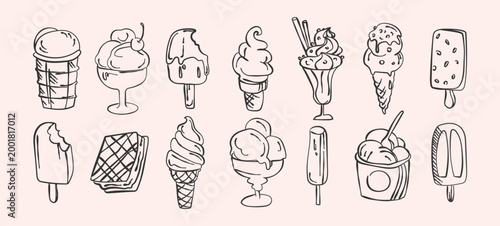 Hand drawn ice cream set with cones, popsicles, sundaes, waffle sandwiches, soft serve, and frozen dessert treats for summer menus, cafe branding, packaging, stickers, and sweet food design.Vector