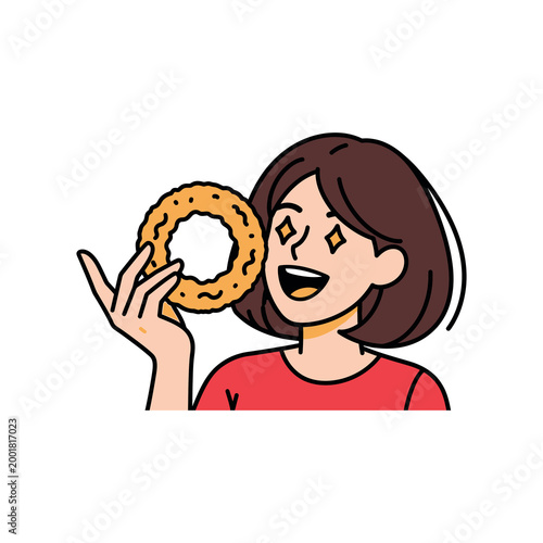 Cartoon woman happily holding a donut in her hand up close.