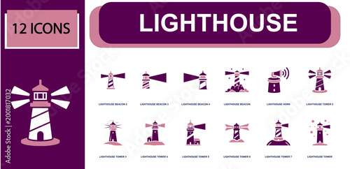 Lighthouse icon set. Containing beacon, tower, horn, coastal light, navigation signal, striped lighthouse, sea beacon, warning light, shoreline tower and more. Solid fill vector icons.