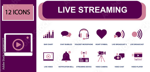 Live streaming icon set. Containing chart, chat bubbles, mic headset, heart, live broadcast, live video, bell alert, streaming device, video camera and more. Solid fill vector icons.
