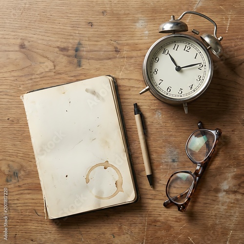 Vintage Alarm Clock Old Notebook Pen and Glasses on Wooden Table.