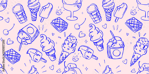Seamless ice cream pattern with hand drawn dessert doodles cones, popsicles, sundaes, waffles, cherries, and sweet decorative elements for summer packaging, textile, wallpaper, and branding.Vector