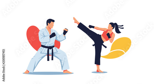 Powerful man and woman practicing karate or kickboxing martial arts moves in white and red athletic uniforms.