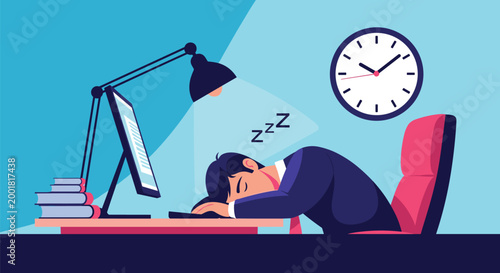 Tired businessman sleeping on his office desk at night under lamp light representing burnout and overwork concept.