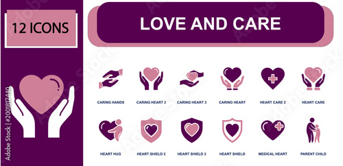 Love and care icon set. Containing heart, broken heart, family, father child, parent, health check, heart hand, monitor, mother baby, shield, praying and more. Solid fill vector icons.