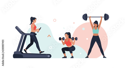 Group of three women performing various gym exercises including treadmill running squats with dumbbells and weightlifting.