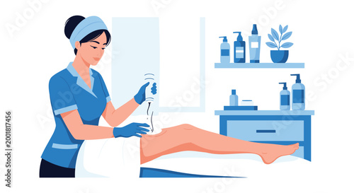 Professional medical nurse performing skin treatment or laser hair removal procedure on patient leg in modern clinic.