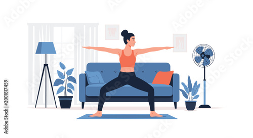 Active woman practicing standing yoga balance pose in living room with blue sofa plants and cooling electric fan.