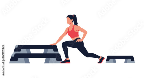 Fit young woman performing lunges on aerobic step platform during intense fitness workout in studio isolated on white background.