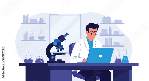 Young male scientist conducting research on laptop in modern laboratory with microscope and chemical glassware for scientific study.