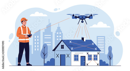 Professional technician using drone for house roof inspection and survey mapping in urban city background with skyscrapers.