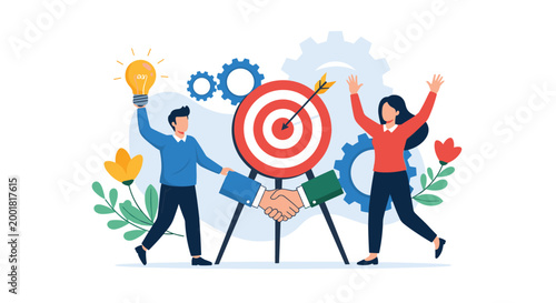 Business team celebrating successful goal achievement with bullseye target lightbulb idea and symbolic professional handshake.