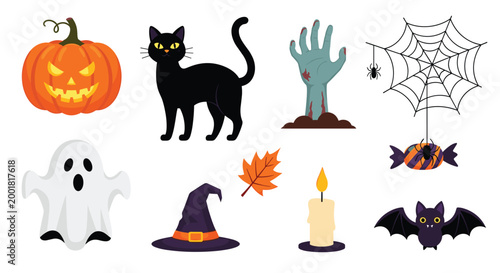 Collection of various halloween icons including a pumpkin ghost black cat witch hat spider web bat and a zombie hand.