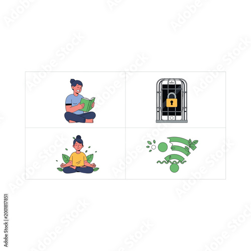 Person meditates with green leaves and reads book next to locked safe with arrows.
