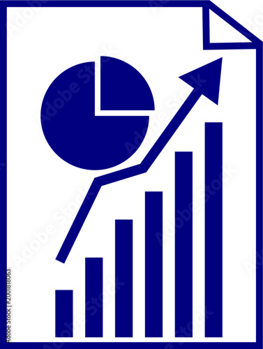 Navy Blue Inference Icon on Document Featuring Growth Trend Arrow, Bar Graph, and Pie Chart for Business Analytics and Data Report Concepts
