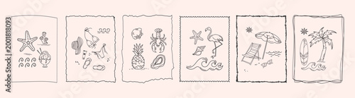 Vintage beach poster collection with hand drawn coastal frames, seashells, starfish, palm trees, beach chairs, surfboards, ocean waves, and tropical summer vacation elements. Vector illustration