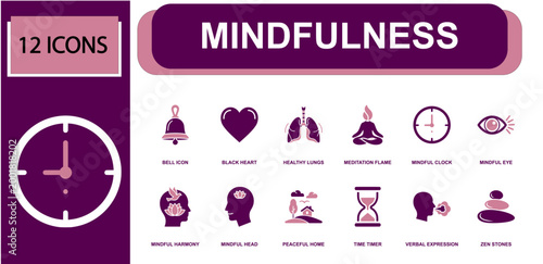 Mindfulness icon set. Containing bell, black heart, healthy lungs, meditation flame, mindful clock, mindful eye, peaceful home, hourglass, zen stones and more. Solid fill vector icons.