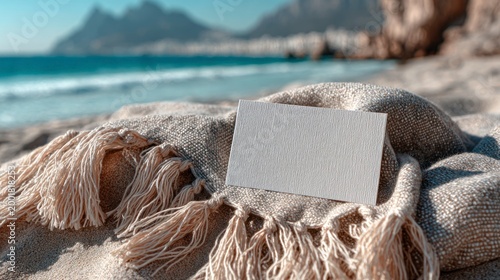 Blank white card mockup on woven towel at sandy beach with blurred ocean background