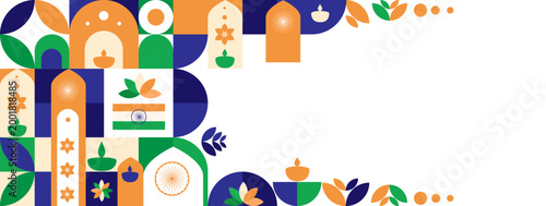 Colorful Diwali festival banner background with geometric decorative borders, diya lamps, lotus flowers, rangoli inspired shapes, and traditional Indian cultural elements in modern flat design. Vector