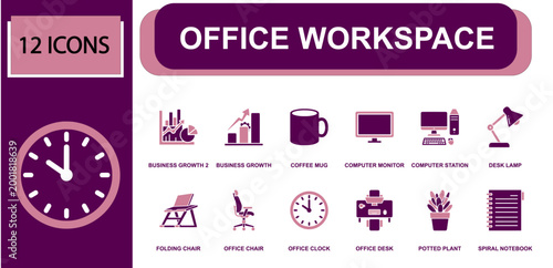Office workspace icon set. Containing growth chart, coffee mug, monitor, desktop computer, desk lamp, office chair, office clock, potted plant, notebook and more. Solid fill vector icons.