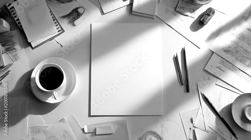 Creative workspace flat lay with blank paper mockup, artist sketches, and coffee. Top down view of desk with strong shadows
