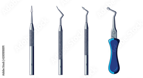 Collection of various professional dental tools and scalers with metal handles used by dentists for teeth cleaning and examination.