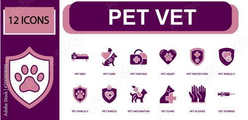 Pet veterinary icon set. Containing pet bed, pet care, pet first aid, pet heart, pet protection, pet vaccination, vet clinic, vet gloves, vet syringe and more. Solid fill vector icons.