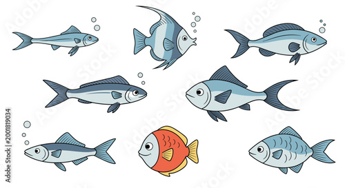 Variety of different fish species swimming together in water including a prominent orange and yellow fish for nature and aquarium themes.