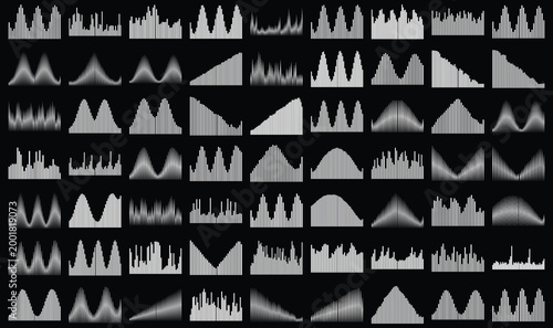 Minimalist audio waveform collection, set of 56 white sound wave icons on black background. Digital signal processing visualization elements, electronic music frequency bars and rhythmic pulse