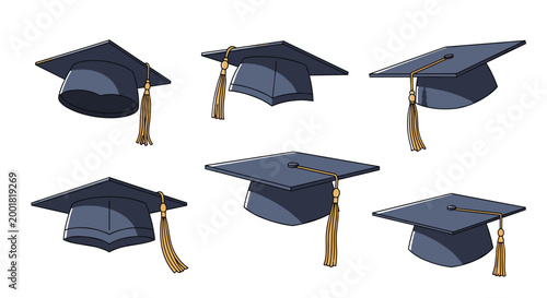 Collection of academic graduation caps with yellow tassels viewed from multiple angles representing educational success and university ceremony.