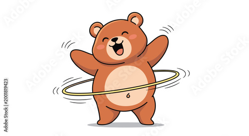 Happy cartoon brown bear exercising with a hula hoop and having fun on a white background for children and fitness themes.