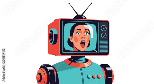 Creative illustration of a robot with a vintage television for a head displaying a woman with a shocked expression.