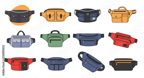 Assorted collection of waist bags and fanny packs in various colors and styles for travel and casual wear on a white background.