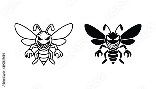 Aggressive cartoon bee or wasp outline and silhouette vector illustration with sharp teeth and claws