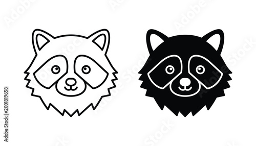 Cute cartoon raccoon face outline and silhouette vector illustration with masked eyes and furry features