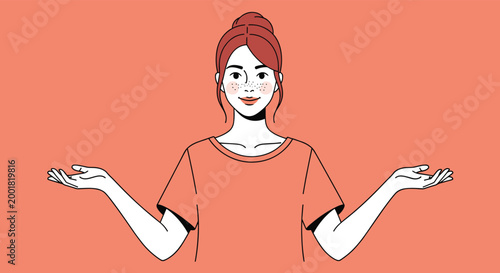 Young woman with freckles and her hair in a bun holding her hands out with open palms in a helpful or welcoming gesture.