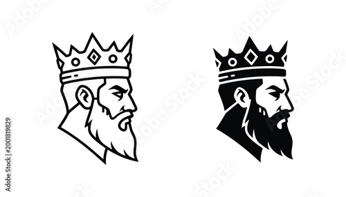 Regal king head profile illustration depicting a majestic bearded monarch wearing a distinctive crown symbolizing power and authority