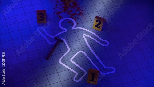 Foto Chalk outlines of a human body, numbered evidence markers for forensics, and exp
