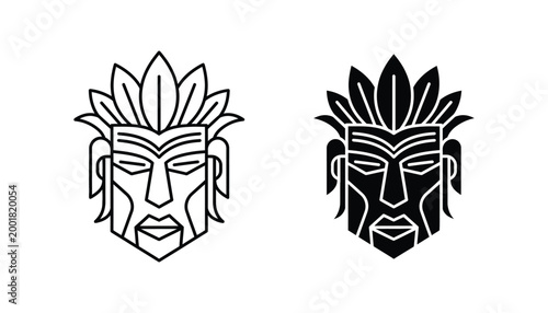 Stylized tribal mask icon with feathers and geometric lines in black and white vector art for ethnic cultural branding and heritage themed design projects