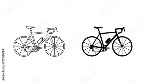 Road bicycle icon set featuring minimalist outline and solid black silhouette of racing bike with water bottle attachment for sports fitness cycling and outdoor recreation graphic design projects