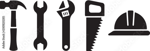 Construction tools icons hammer wrench adjustable spanner hand saw safety helmet set
