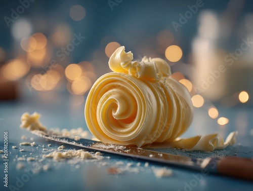 Close-up of a freshly rolled unsliced butter or cheese roll with decorative piping on a festive background