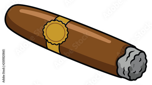 Brown Cartoon Cigar Vector Illustration with Gold Label and Ash Tip Isolated on White Background