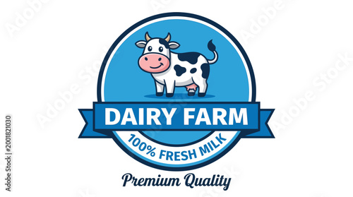 Dairy Farm Logo Design with Cute Cow Mascot and Blue Ribbon Badge for Fresh Milk Product Branding