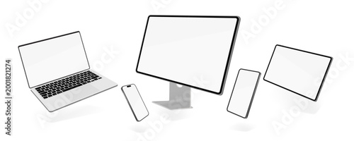 Floating Digital Devices Mockup Set with Desktop Monitor Computer, Laptop, Smartphone and Tablet, Modern Responsive Screen Display Collection Vector Illustration