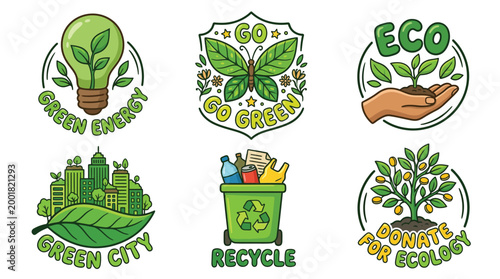 Collection of Ecology Stickers with Green City Recycle Bin and Renewable Energy Icons