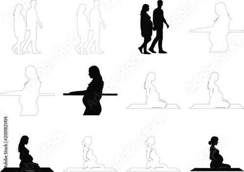 Pregnant woman silhouette collection, maternity vector set featuring expectant mothers in various poses, black and white line art of pregnancy journey and parenthood. Minimalist flat icons of a