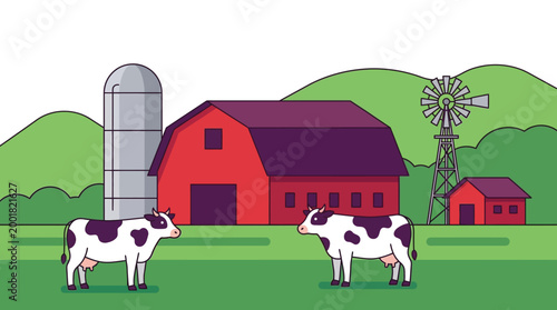 Rural Dairy Farm Landscape Illustration with Red Barn Silo Windmill and Spotted Cows on Pasture