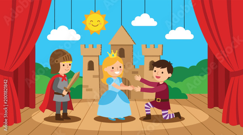 Children performing fairy tale stage play with princess knight and prince on theater stage with cardboard castle backdrop for education