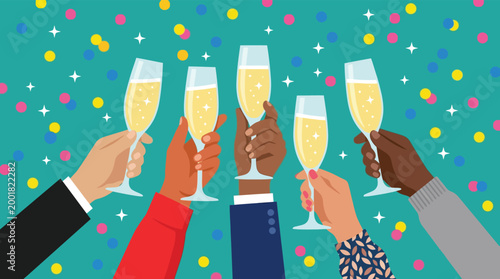 Diverse hands holding champagne glasses in a celebratory toast with colorful confetti for party success or event